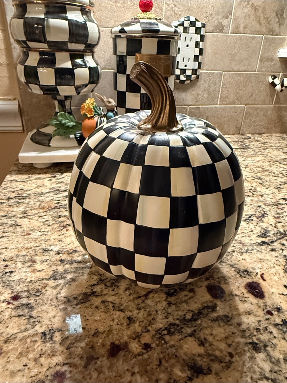 MacKenzie-ChildsCourtly Check Black and White Decorative Pumpkin with Gold Stem